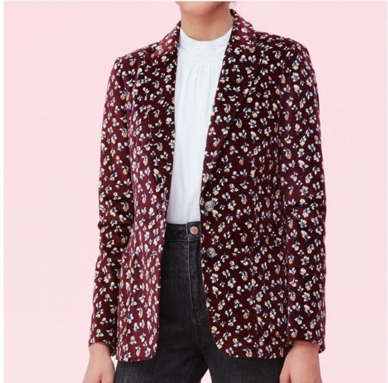 Rebecca Taylor La Vie Velvet Floral Blazer Jacket Xl Cherise Fleur Burgundy Rose